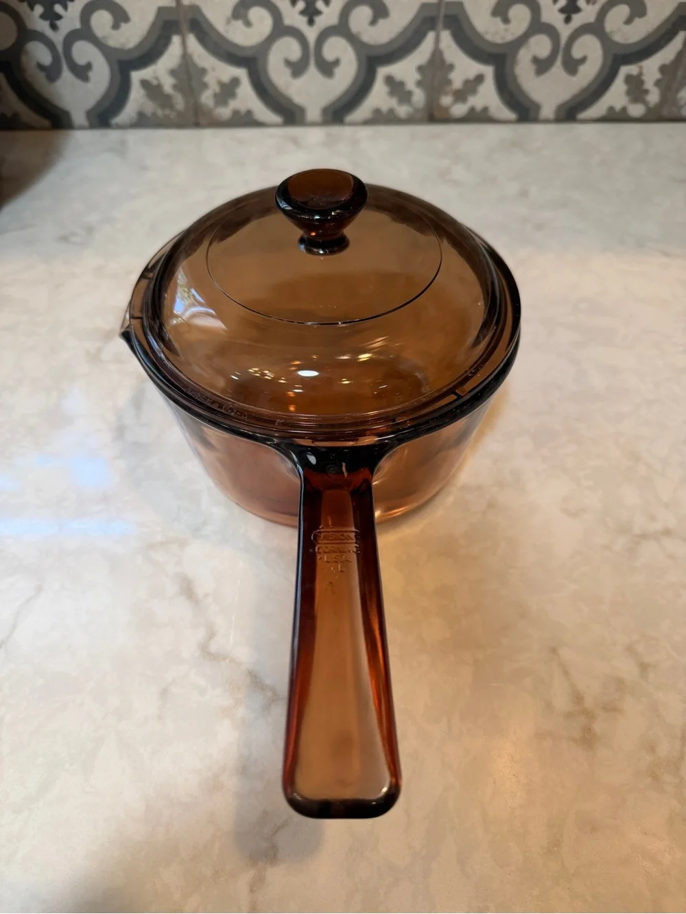 1980s Corning/ Pyrex Visions Cook Ware Amber Brown Glass 1L Pour Sauce Pan w/lid
